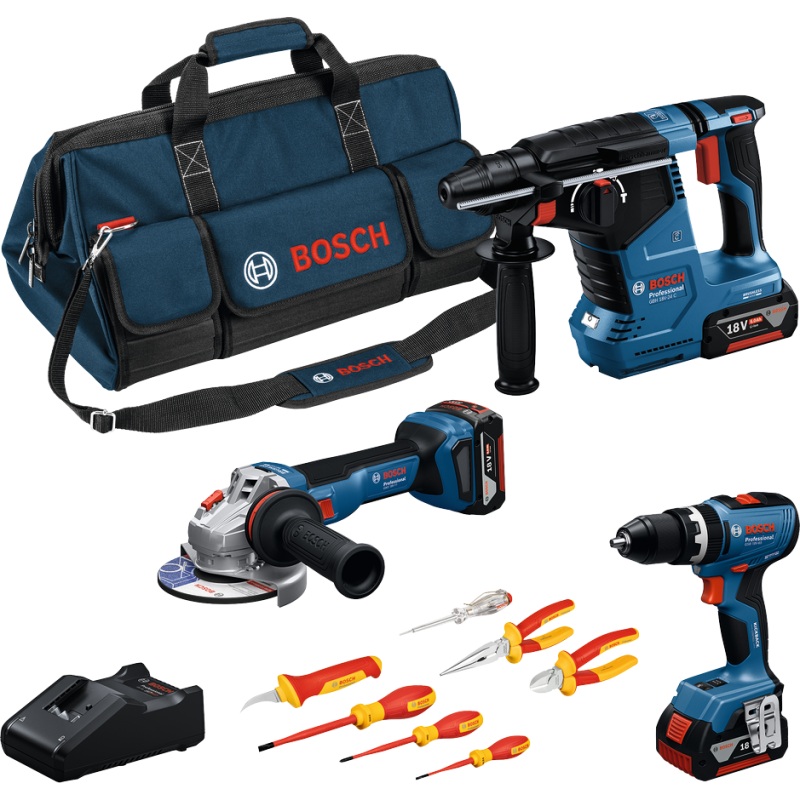 Комплект акумулатони инструменти Bosch GWS 18V-11, GSB 18V-65, GBH 18V-24 C, 3 x 5.0 Ah и зарядно устройство / 0615A5007H